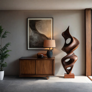 Contemporary Solid Wood Floor Art Sculpture with Abstract Curves