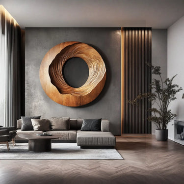Round Solid Wood Wall Sculpture with Organic Carved Texture