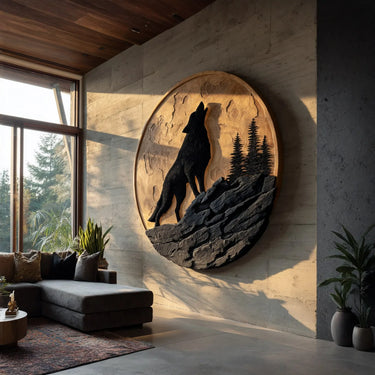 Howling Wolf Cliff Round Wall Art with Layered Scenic Relief