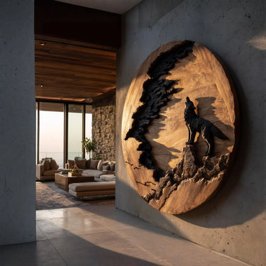 Cliffside Wolf Silhouette Round Wall Art with Charred Edge Relief