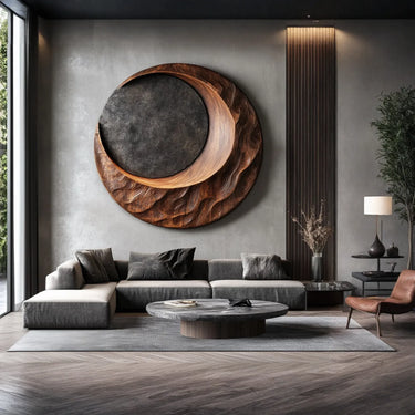 Crescent Eclipse Round Wall Art with Carved Textural Base
