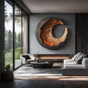 Oversized Round Natural Wood Wall Art with Carved Spiral Form