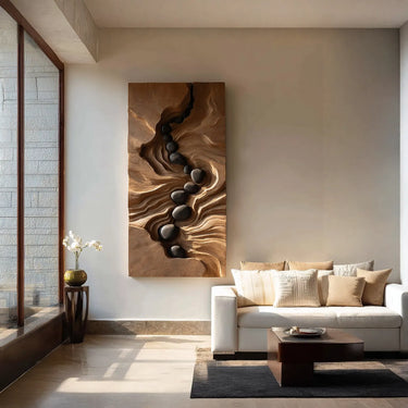 Flowing Canyon Path Vertical Wall Art with Sculpted Stone Line