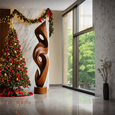 Abstract Floor Sculpture With Flowing Natural Wood Silhouette