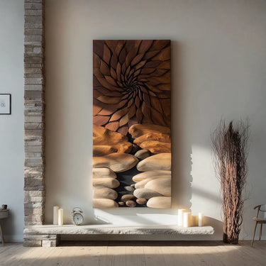 Spiral Leaf Bloom Vertical Wall Art with Layered Stone Base Relief