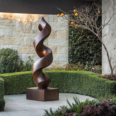 Garden Statement Sculpture With Twisting Natural Wood Form