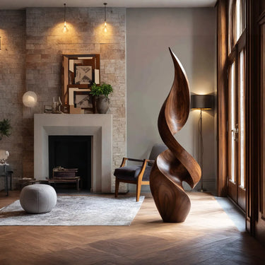 Sculptural Wave Floor Art in Natural Wood for Living Rooms
