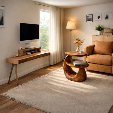Curved Wood Side Table with Integrated Lower Shelf