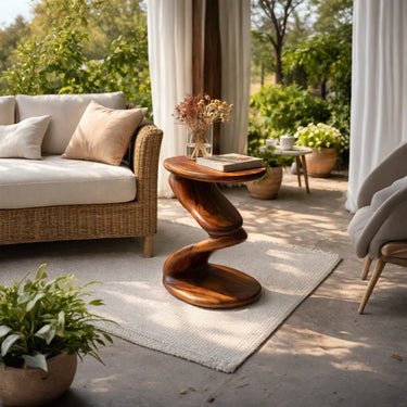 Twisted Sculptural Wood Side Table with Round Top