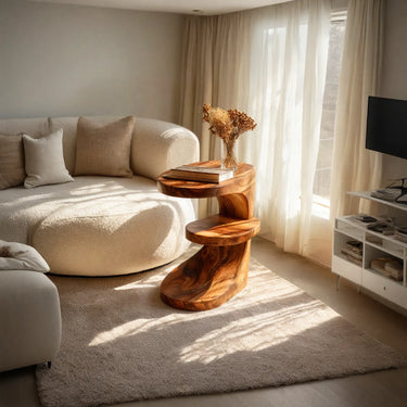 Curved Wood Side Table with Tiered Shelves and Sculptural Base