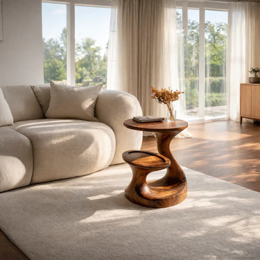Sculptural Wood Side Table with Integrated Lower Tray