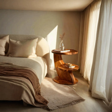 Curved Shelf Accent Side Table in Natural Wood