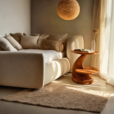 Rounded Two Level Side Table With Curved Base in Natural Wood