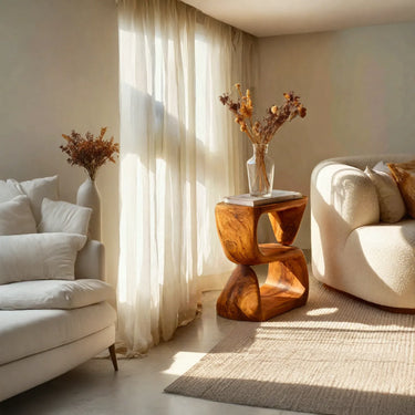 Stacked Sculptural Wood Side Table with Open Cubic Base