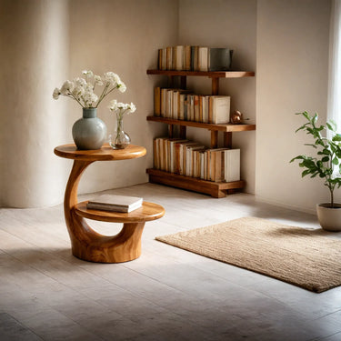 Open Curve Shelf Side Table in Natural Wood