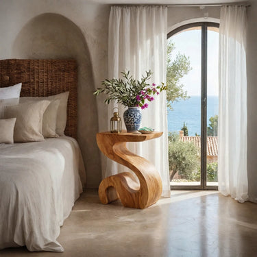 Flowing Solid Wood Nightstand With Curved Sculptural Base