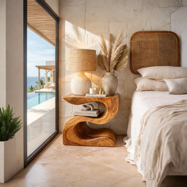 Wave Sculpted Solid Wood Nightstand With Open Flow Design