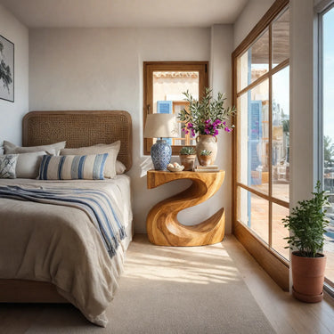 Curved Solid Wood Nightstand With Sculptural Wave Base