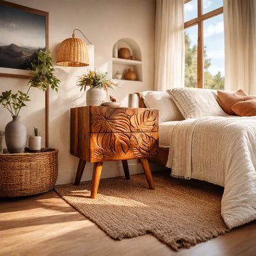 Botanical Carved Solid Wood Nightstand With Double Drawers