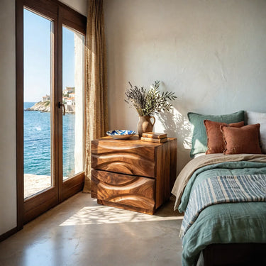 Sculpted Solid Wood Nightstand With Wave Carved Double Drawers