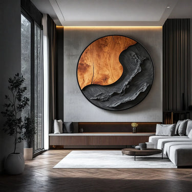 Round Solid Wood Wall Art Handcarved Wave Texture Wood Wall Sculpture