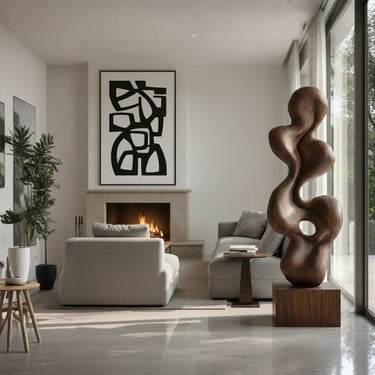 Luxury Interior Accent Sculpture in Natural Wood on Pedestal