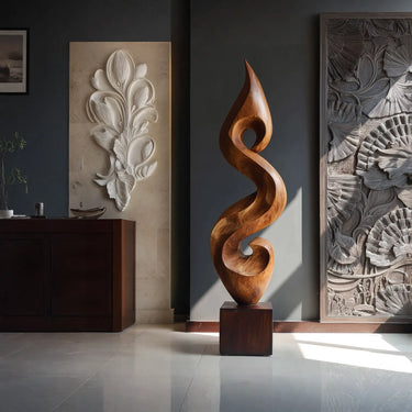 Elegant Spiral Floor Sculpture in Natural Wood Accent