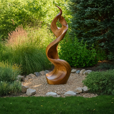 Organic Solid Wood Garden Sculpture with Flowing Abstract Design