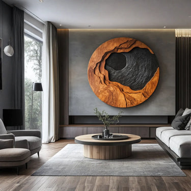Carved Solid Wood Wall Art Round Organic Sculpture for Modern Interior