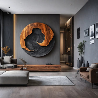 Abstract Wave Solid Wood Wall Sculpture Round Modern Wood Wall Art Panel