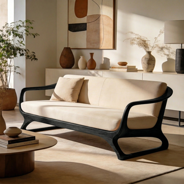 Curved Wood Frame Sofa With Sculptural Open Base