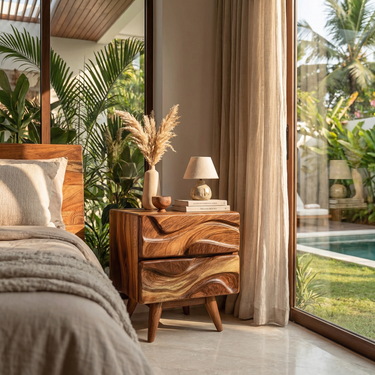 Wavy Solid Wood Nightstand With Double Drawer Design