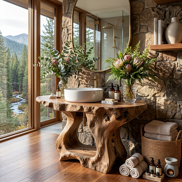Sculptural Bathroom Vanity With Open Shelf in Natural Wood