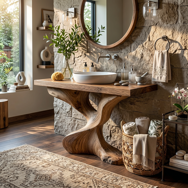 Live Edge Solid Wood Bathroom Vanity with Organic Sculpted Base