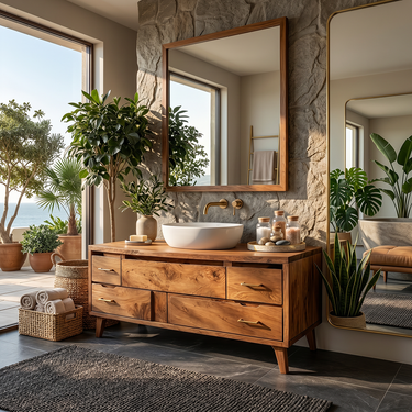 Mid Century Solid Wood Bathroom Vanity with Drawer Storage