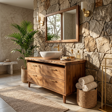 Modern Solid Wood Bathroom Vanity with Natural Grain Drawers