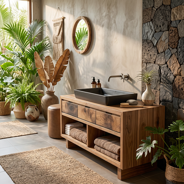 Modern bathroom vanity cabinet with open shelves for storage.
