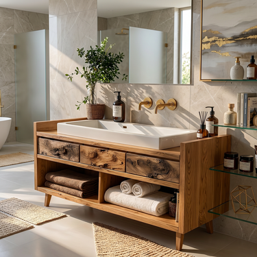 Live Edge Drawer Bathroom Vanity With Open Towel Shelf Storage