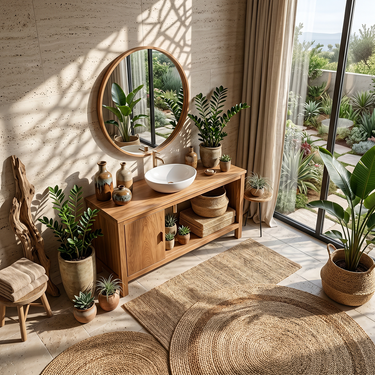 Organic Modern Bathroom Vanity With Open Shelf And Cabinet Storage