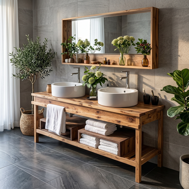 Double Sink Solid Wood Vanity with Open Shelf Rustic Bathroom