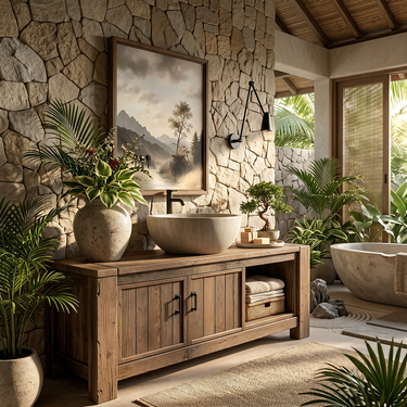 Rustic Solid Wood Bathroom Vanity with Sliding Door Shelf