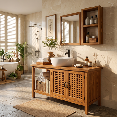 Bathroom Vanity with Wooden Cabinet Doors and Open Shelf