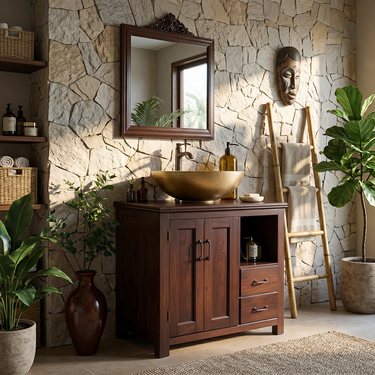 Rustic Solid Wood Bathroom Vanity Cabinet with Drawers and Doors