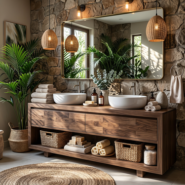 Modern Double Sink Solid Wood Bathroom Vanity with Open Shelf