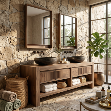 Double Sink Solid Wood Bathroom Vanity with Open Shelf Storage
