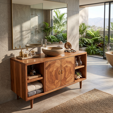 Mid-Century Solid Wood Bathroom Vanity with Storage Cabinets