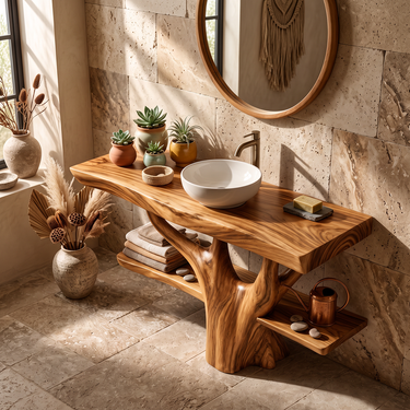Tree Inspired Solid Wood Bathroom Vanity with Floating Storage Shelves