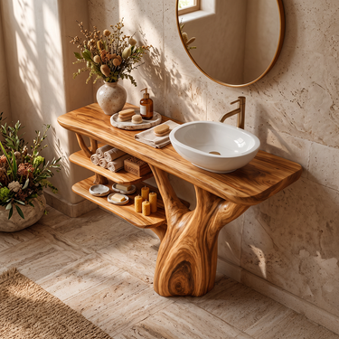 Tree Trunk Solid Wood Bathroom Vanity with Tiered Open Shelves