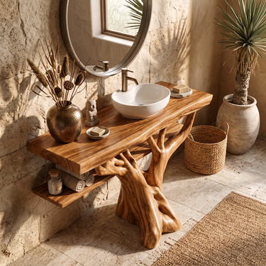 Tree Root Bathroom Vanity with Live Edge Counter and Floating Shelf