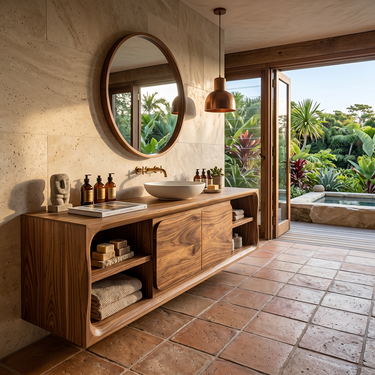 Minimalist Solid Wood Floating Vanity with Dual Open Shelving